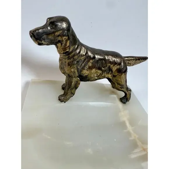 Vintage MCM Mid Century Brass Cocker Spaniel Figure on Solid Onyx Ashtray 6”sq